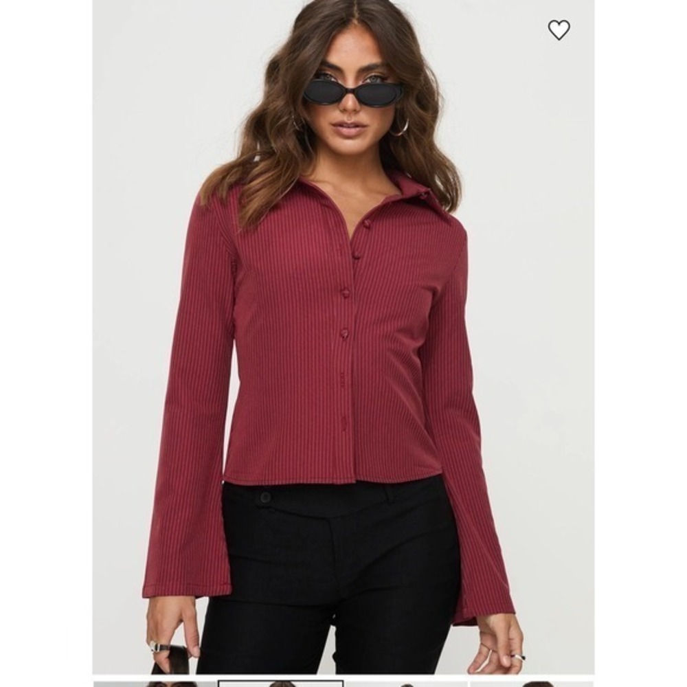 Princess Polly Burgundy Pinstripe Button Down Anni Flare Sleeve Shirt US 6 Red